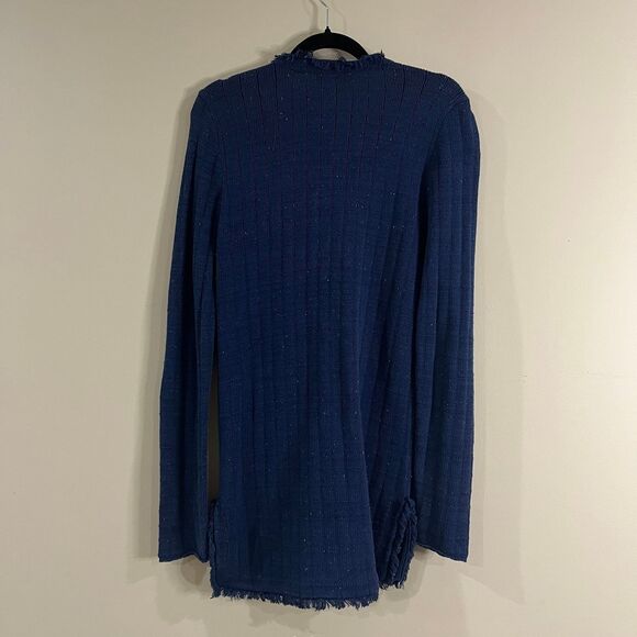 Cabi Blue Ribbed Knit Speckled Fringe Cardigan size Small - Picture 3 of 6